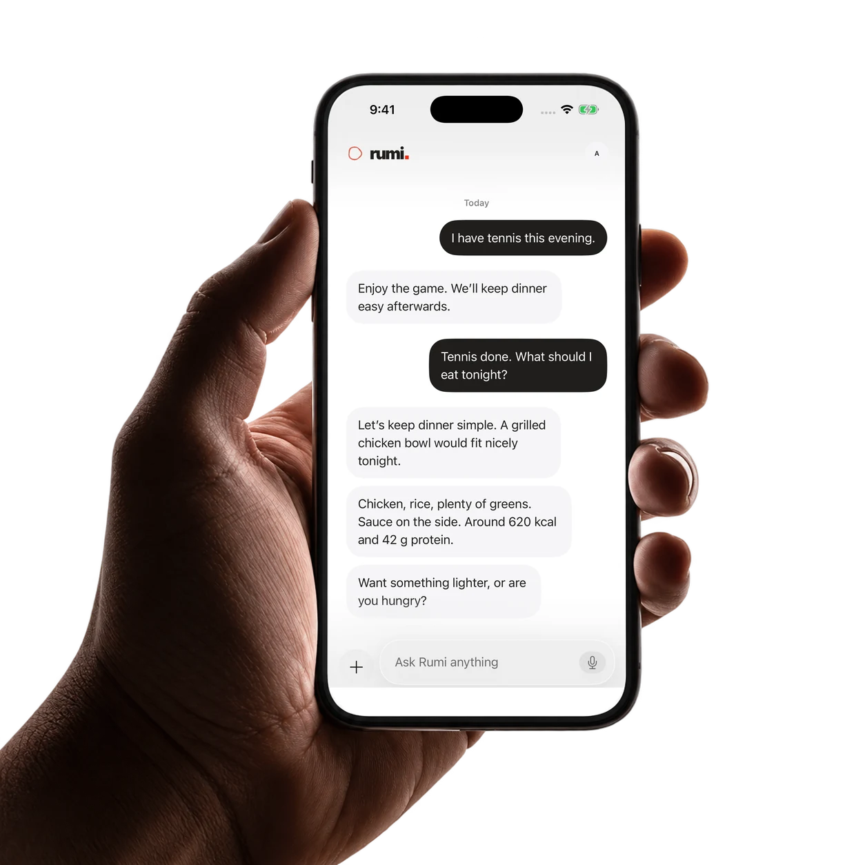 A hand holding a phone with a Rumi chat about dinner after tennis